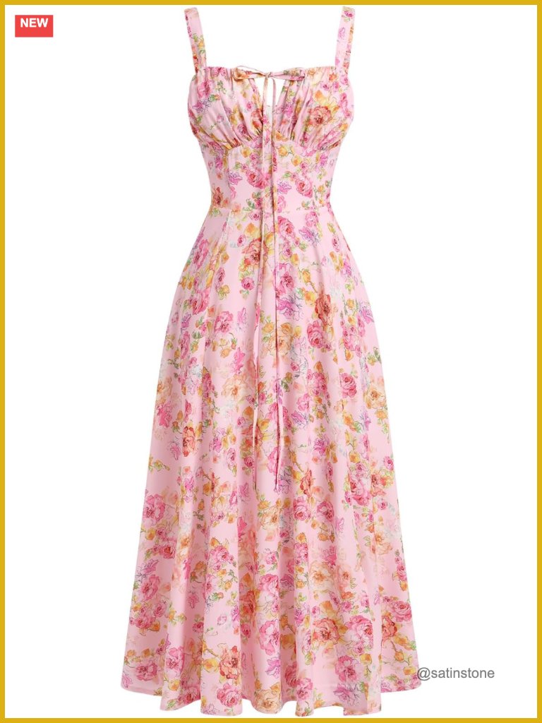 Floral Corset Dress Thigh Slit Spaghetti Strap Maxi Dress Sleeveless Backless